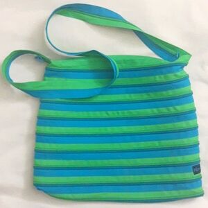 Zip-it Zippered Crossbody Shoulder Tote Bag Purse Blue Green Stripes 16"x14"